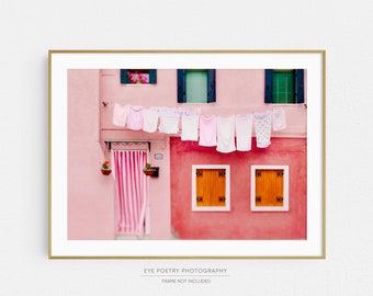 Laundry Room Decor, Hanging Laundry Photograph, Pink Wall Decor, Laundry Room Art, Clothesline Picture, Burano Italy Wall Art