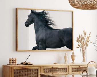 May include: A black horse with a long flowing mane is featured in a framed print hanging on a white wall above a wooden cabinet with woven cane doors. The cabinet is part of a dining room set with a glass-top table and chairs.