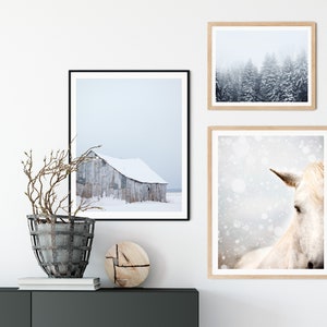 Conjunto de 3 láminas de fotografía rústica de invierno, decoración rústica, decoración moderna de granja, foto de granero, lámina de caballo, láminas de paisaje, conjunto de arte para pared