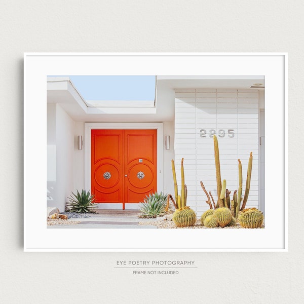 Palm Springs Photography, Mid Century Modern Wall Art Print, House with Orange Door Photo