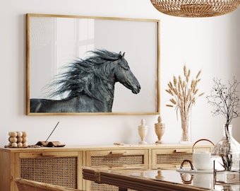 May include: A black horse with a flowing mane and tail is featured in a framed photograph. The photograph is hanging on a white wall above a wooden cabinet with woven rattan doors.