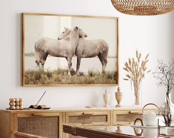 Horse Photography Print, White Camargue Horses, Minimalist Animal Wall Art, Rustic Farmhouse Decor