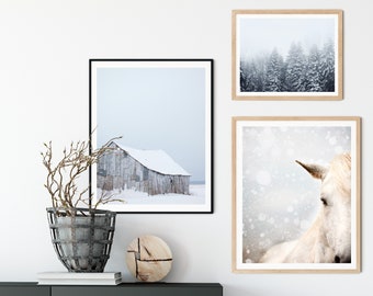 Rustic Winter Photography Set of 3 Prints, Rustic Decor, Modern Farmhouse Decor, Barn Photo, Horse Print, Landscape Prints, Wall Art Set