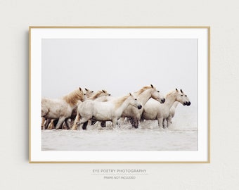 May include: A framed print featuring a group of white horses wading through water. The horses are in motion, creating splashes. The print has a gold frame and is set against a white background. The text "EYE POETRY PHOTOGRAPHY" and "FRAME NOT INCLUDED" is at the bottom.