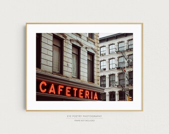 Neon Cafeteria Sign in New York Photography Print, Urban City Kitchen Decor, Large Wall Art Prints