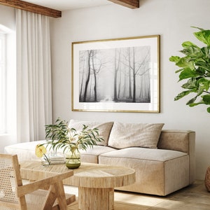 May include: A living room with a beige sectional sofa, a wooden coffee table, a wicker chair, and a large framed black and white photograph of a foggy forest. A potted green plant is in the corner of the room.
