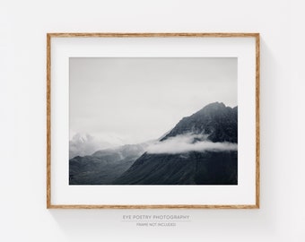 Mountain Wall Art, Iceland Nature Wall Art Print, Minimalist Black and White Prints, Foggy Landscape Photography Print