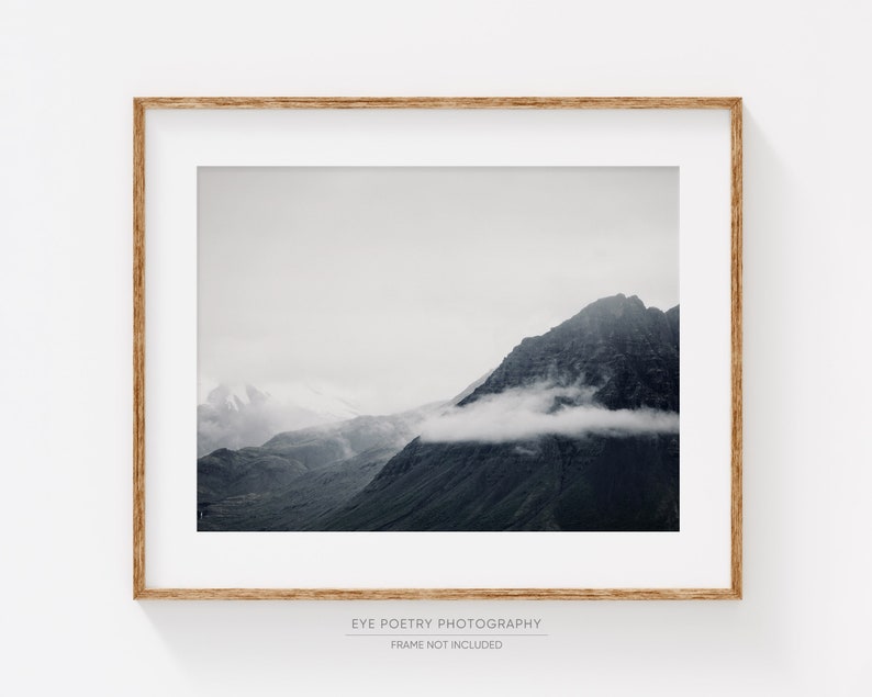 Mountain Wall Art, Iceland Nature Wall Art Print, Minimalist Black and White Prints, Foggy Landscape Photography Print image 1