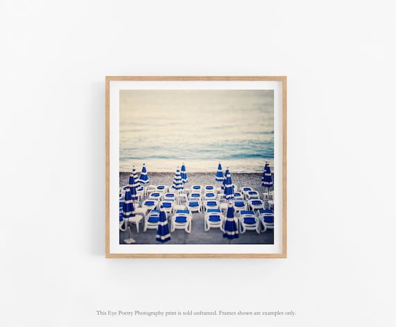French Riviera, Beach Photography, Summer Vacation, Blue and White Beach Umbrellas, Beach Art, Nice France, Square 12x12 Print "Azure"