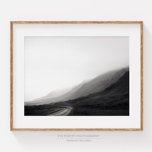 Black and White Photography, Wanderlust Gift for Him, Landscape Photography, Iceland Print, Mountain Road, Explorer "Less Traveled"