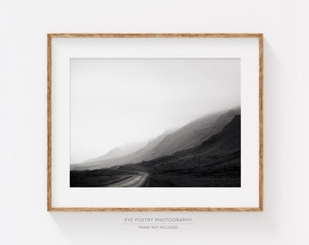 Black and White Photography, Wanderlust Gift for Him, Landscape Photography, Iceland Print, Mountain Road, Explorer "Less Traveled"