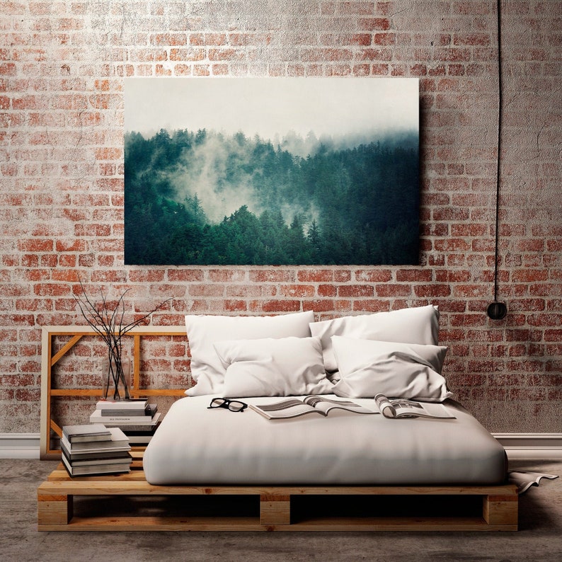 Forest Canvas Print, Large Wall Art, Canvas Art, Landscape Photography, Foggy Forest, Teal Wall Decor, Home Decor, Living Room Wall Art image 1