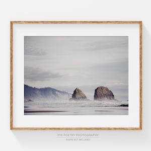 May include: A photograph of a rocky coastline with two large rock formations in the distance. The sky is overcast and the water is a light blue color. The beach is sandy and there are trees in the background.