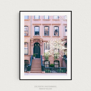 May include: A photograph of a row of brown brick townhouses with a black door and white flowers in front. The door has a black railing leading up to it.