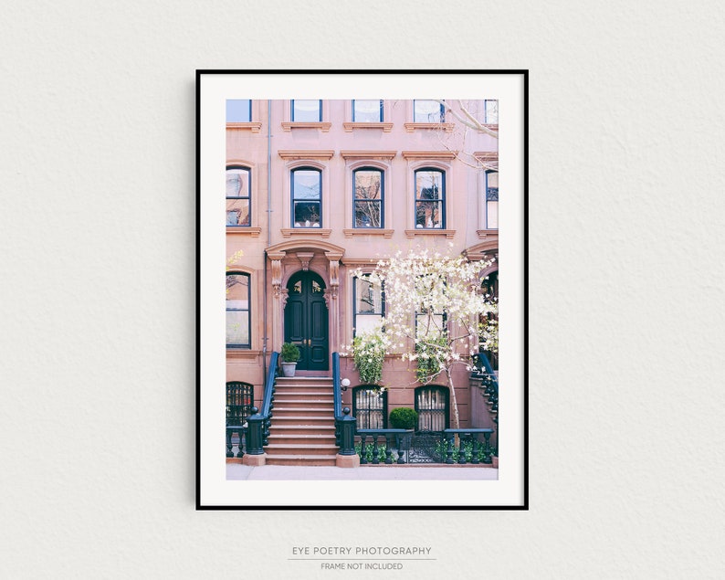 May include: A photograph of a row of brown brick townhouses with a black door and white flowers in front. The door has a black railing leading up to it.