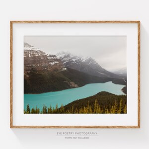 May include: A framed photograph of a mountain lake with snow-capped peaks in the background. The lake is a vibrant turquoise blue and the mountains are a muted brown and white. The trees in the foreground are a mix of green and yellow.