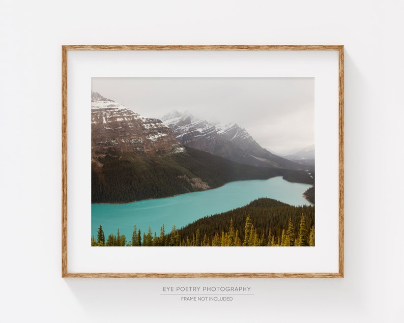 May include: A framed photograph of a mountain lake with snow-capped peaks in the background. The lake is a vibrant turquoise blue and the mountains are a muted brown and white. The trees in the foreground are a mix of green and yellow.