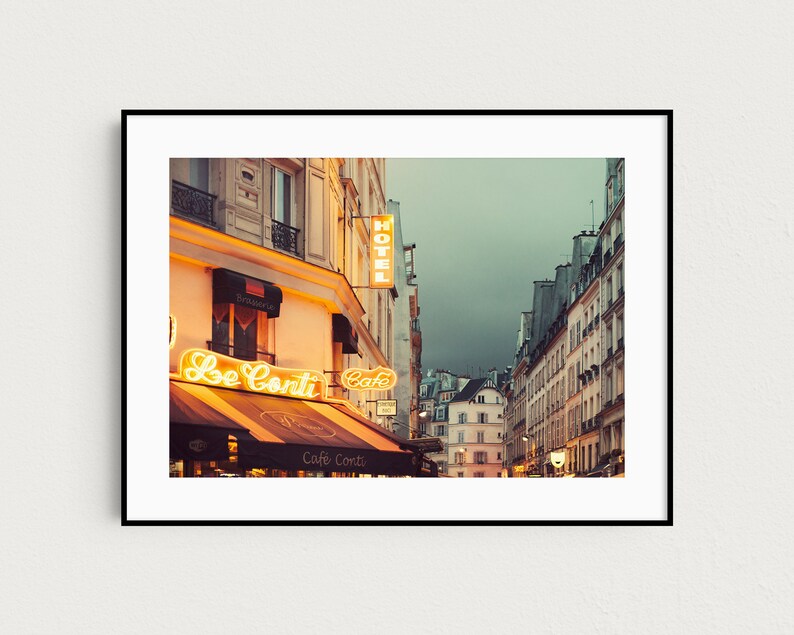 Paris at Night, Cafe, Neon Lights in St Germain, Paris Photography, Orange and Blue, City Street, Paris Artwork - Nuit Neon image 4