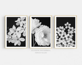 Flower Photography Prints, Set Of 3 Black and White Floral Prints, Wall Art, Prints, Floral, Flower Print Set, Nature Photography