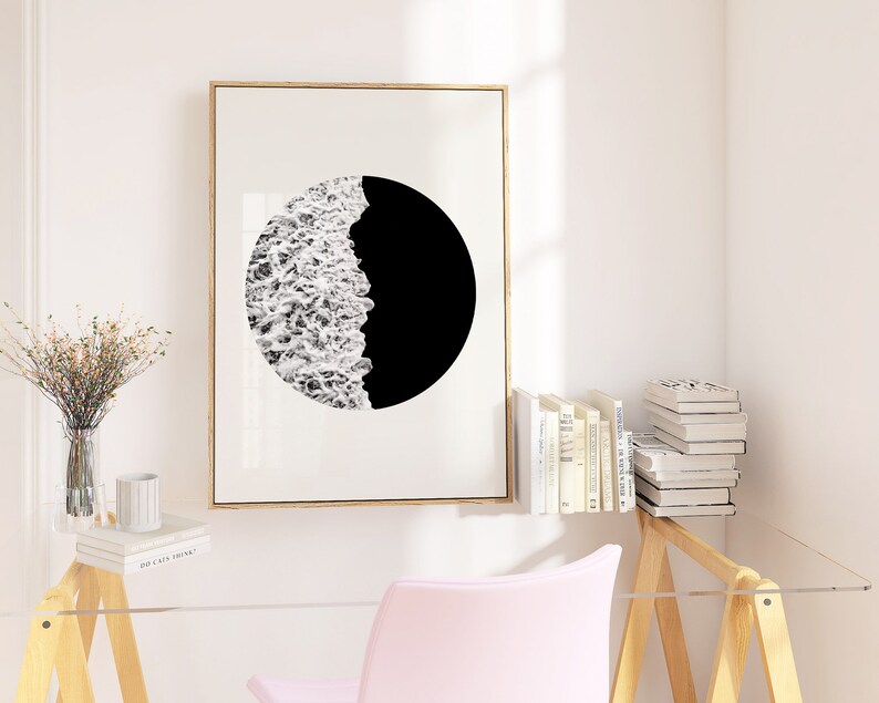 Ocean Print, Minimalist Black and White Print, Zen Yin Yang Waves Wall Art, Japandi Nature Photography, Ocean Wall Art image 3