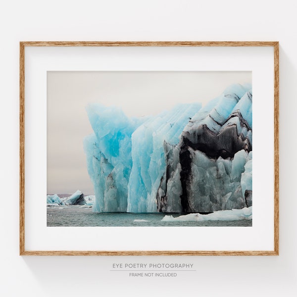 Fotografía de Islandia, Iceberg en Laguna Glaciar, Naturaleza Islandesa, Arte Azul, Arte de Pared Grande, Invierno, Impresión de Fotografía de Paisaje
