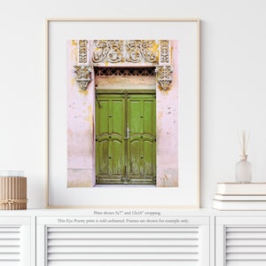 May include: A photograph of a green double door with ornate carvings above the door. The door is set in a pink building with peeling paint.