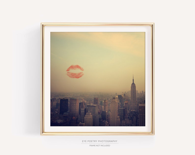 I Love New York 2 NYC Art Print, Valentine Print, Kiss, New York Sunset, Empire State Building, Wedding Gift, Romantic Art 8x8 image 1