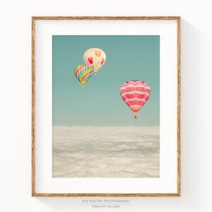 Hot Air Balloons Over Clouds, Nursery Decor, Girls or Boys Room Wall Art, Pastel Photography Print