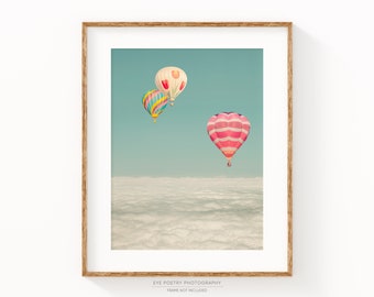 Hot Air Balloons Over Clouds, Nursery Decor, Girls or Boys Room Wall Art, Pastel Photography Print