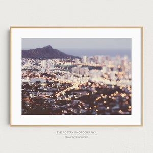 Honolulu Skyline, Travel Photography, Abstract Hawaii Print, Pastel Wall Decor, Diamond Head, City Lights, Hawaii Gift