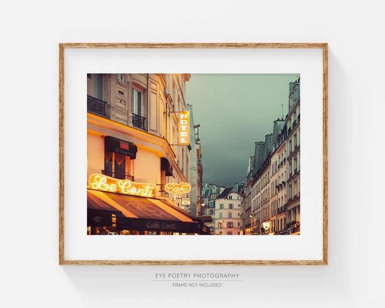 Paris at Night, Cafe, Neon Lights in St Germain, Paris Photography, Orange and Blue, City Street, Paris Artwork - Nuit Neon image 2