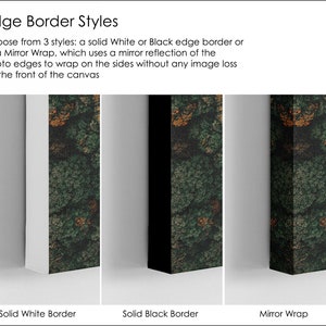 May include: Three examples of canvas edge border styles: solid white border, solid black border, and mirror wrap. The mirror wrap style reflects the image on the sides of the canvas.