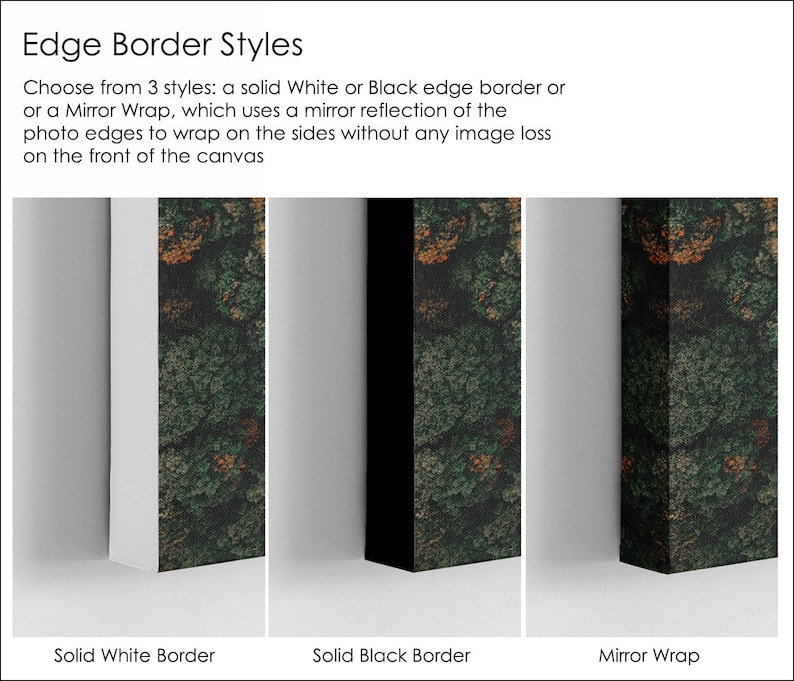 May include: Three examples of canvas edge border styles: solid white border, solid black border, and mirror wrap. The mirror wrap style reflects the image on the sides of the canvas.