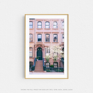 May include: A photograph of a row of brownstone buildings in New York City. The buildings have a pink facade with white trim and black windows. The front door of the building is black and has a set of stairs leading up to it. There is a tree with white blossoms in front of the building.