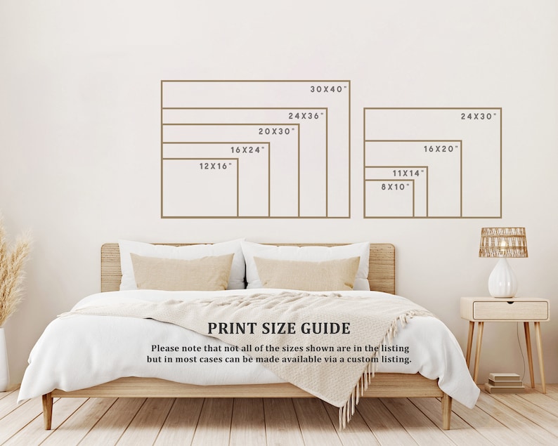 Peut inclure: Un guide de tailles d'impression avec diff&eacute;rentes tailles indiqu&eacute;es en pouces. Les tailles varient de 8x10 pouces &agrave; 30x40 pouces. Le texte indique "Guide des tailles d'impression. Veuillez noter que toutes les tailles indiqu&eacute;es ne sont pas dans la liste, mais dans la plupart des cas, elles peuvent &ecirc;tre disponibles via une liste personnalis&eacute;e."