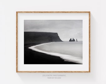 Art mural d'Islande, Art mural nordique, plage noire, photographie de paysage d'Islande, impression de photographie noir et blanc, impression scandinave