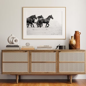 May include: A black and white photograph of a herd of horses running through a field. The photograph is framed in a gold frame and is displayed on a wooden shelf with books and decorative objects.