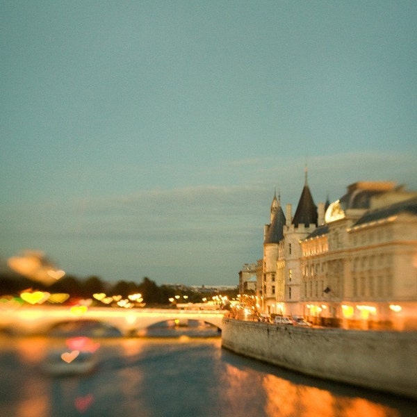 SALE - 40% OFF - Love Along the Seine - Paris Photography, Valentine, Romantic Hearts, Bridge, Blue Night, Twilight