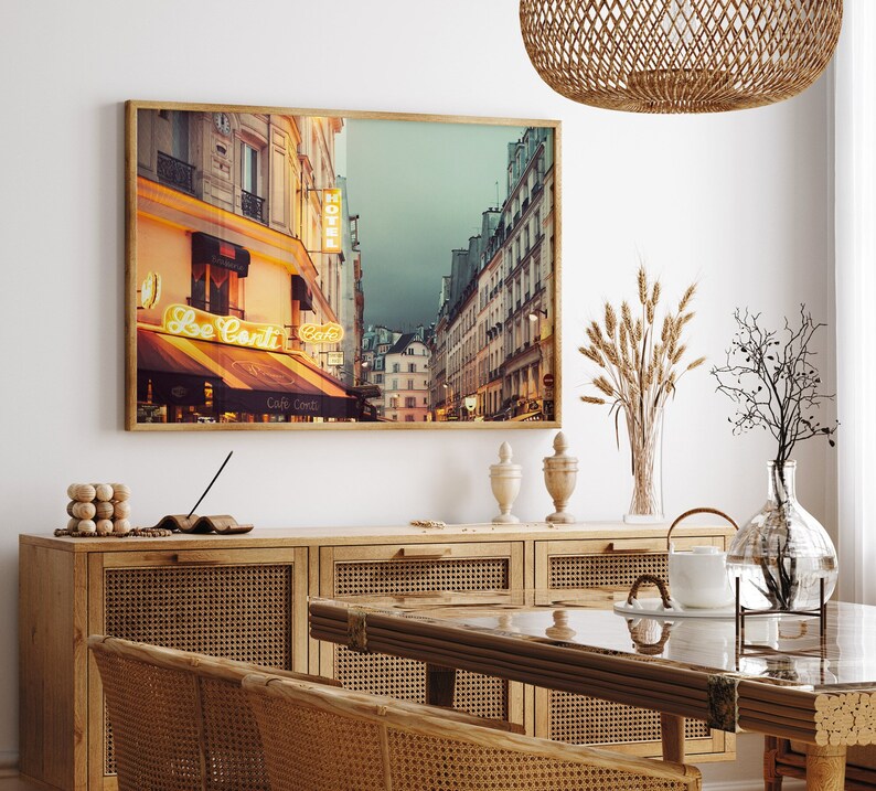 Paris at Night, Cafe, Neon Lights in St Germain, Paris Photography, Orange and Blue, City Street, Paris Artwork - Nuit Neon image 1