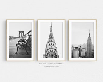 New York Print Set, Black and White Prints, New York City Photography, Travel Posters, Set of 3 Prints, NYC Art, Brooklyn Bridge NYC Skyline