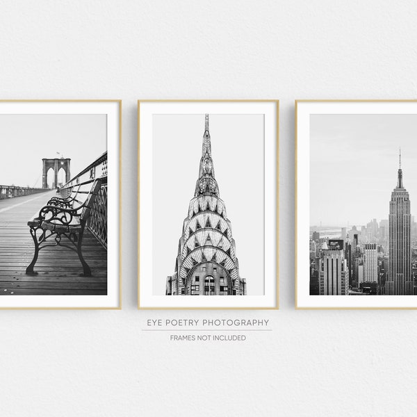 New York Print Set, Black and White Prints, New York City Photography, Travel Posters, Set of 3 Prints, NYC Art, Brooklyn Bridge NYC Skyline