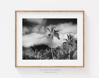 Hawaii Landscape Print, Fine Art Black and White Photography, Kauai Palm Trees, Tropical Wall Art