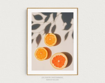 Citrus Fruit Print, Minimalist Kitchen Wall Art, Oranges and Leaves Shadows, Tropical Still Life, Food Photography, 5x7 to 20x30 Print