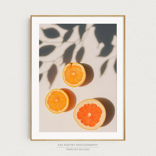 Citrus Fruit Print, Minimalist Kitchen Wall Art, Oranges and Leaves Shadows, Tropical Still Life, Food Photography, 5x7 to 20x30 Print