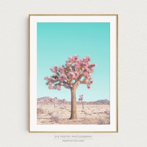 Joshua Tree Art Print, Desert Landscape Photography, Cactus Wall Art Print, Printed Pastel Blue and Pink Boho Decor