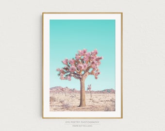Joshua Tree Art Print, Desert Landscape Photography, Cactus Wall Art Print, Printed Pastel Blue and Pink Boho Decor