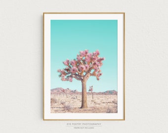 Joshua Tree Art Print, Desert Landscape Photography, Cactus Wall Art Print, Printed Pastel Blue and Pink Boho Decor