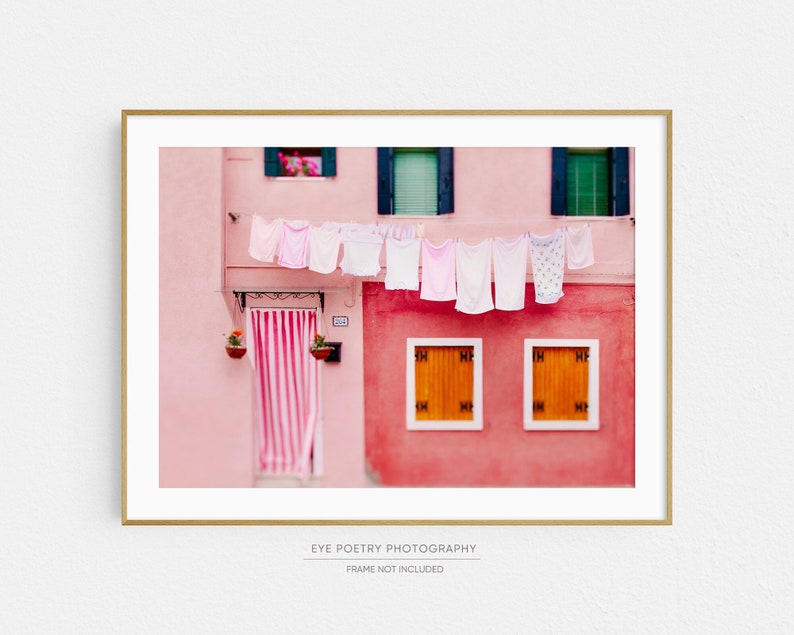 Laundry Room Decor, Hanging Laundry Photograph, Pink Wall Decor, Laundry Room Art, Clothesline Picture, Burano Italy Wall Art image 1