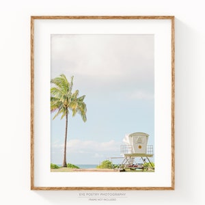 Hawaii Art, Oahu Beach Print, Palm Tree, Lifeguard Tower, Minimalist Beach Decor, Travel Photography Print, Wall Art Print