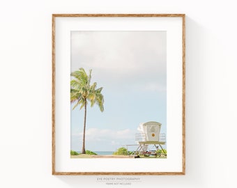 Hawaii Art, Oahu Beach Print, Palm Tree, Lifeguard Tower, Minimalist Beach Decor, Travel Photography Print, Wall Art Print